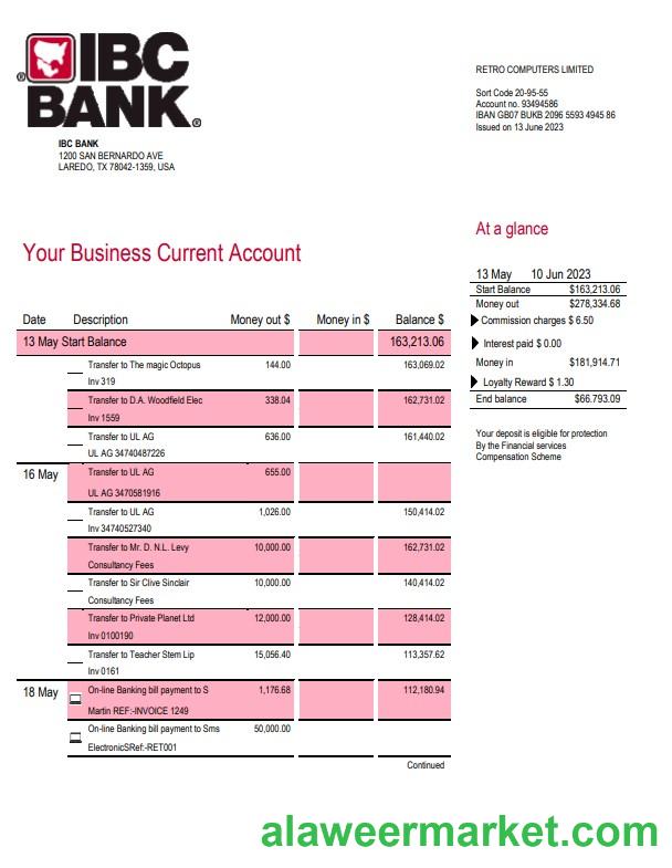 IBC Bank business checking account statement Word and PDF template